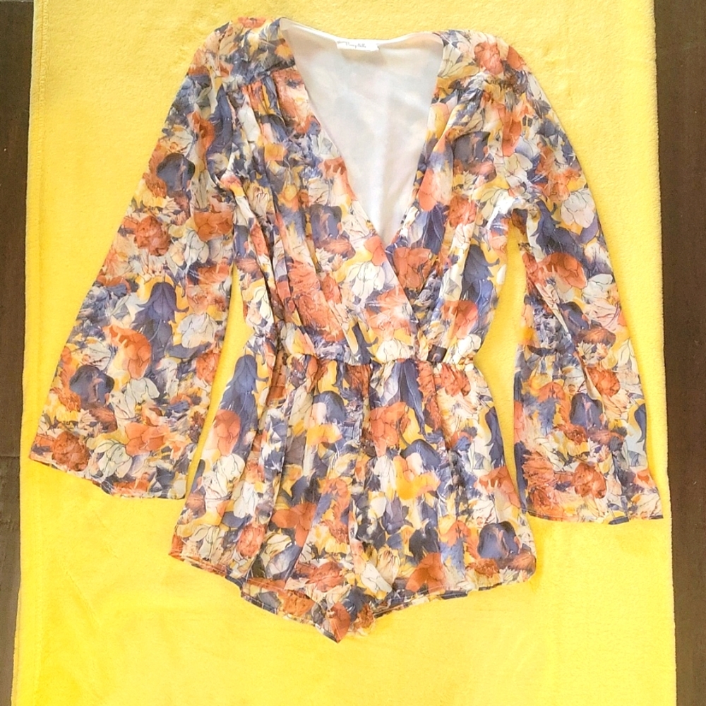 Honey Belle Floral Romper with Wrap V-neck and Long Bell Sleeves